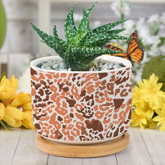 DreamAutumn Orange and Light Gray Leopard Ceramic Flower Pots,Gardening Plant Pot with Drainage Holes and Saucers Round Ceramic Pots for Indoor Plants Succulent Herbs Cactus Pots for Dad Papa Grandpa