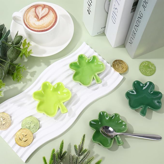 Whaline 4 Pcs St.Patrick's Day Mini Ceramic Spoon Rest Gradient Green Shamrock Lucky Clover Small Coffee Spoon Holder for Irish Holiday Party Home Coffee Station Bar Accessories, 2.7 Inch