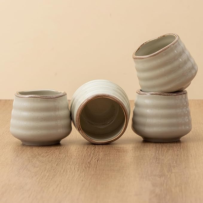 4pcs Japanese Tea Cup Set – 160ml 5.4OZ Ceramic Matcha Cup, Small Handless Espresso Cups, Cute Coffee Mugs for Valentine (Retro Grey)