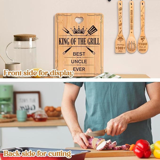 Best Uncle Gifts - "King of The Grill, Best Uncle Ever" Uncle Birthday Gifts Cutting Board Set, Bamboo-Made Engraved Utensil Set, Gifts for Uncle