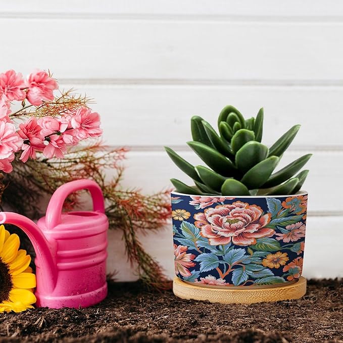 Bright and Chinoiserie Ceramic Planters Coral Peony Floral Flower Pots for Indoor Plants with Drainage Holes and Saucers Pot for Indoor Outdoor Garden