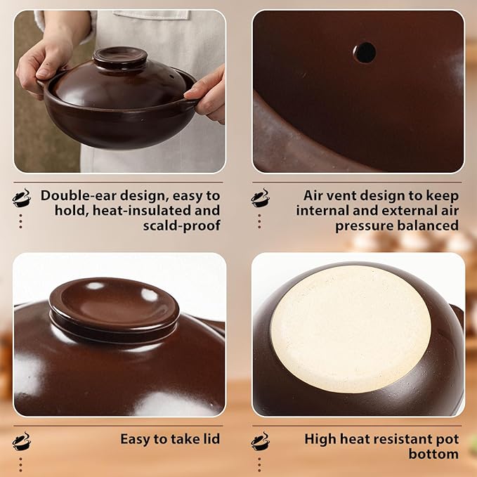 30 oz Korean Ceramic Gas Stove Clay with Lid, Sizzling Hot Pot with Double Handles for Bibimbap, Soup, Rice, Stew, Casserole, and Noodle Cooking, Clay Pot for Gas Stove Use