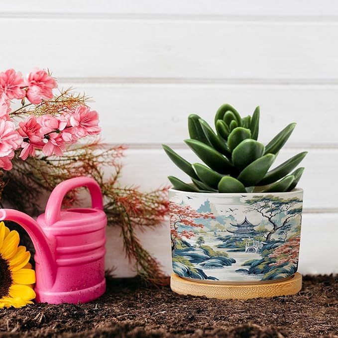 DreamAutumn Chinoiserie White Blue Asian Ceramic Pots for Plants with Drainage Holes Round Flower Pot Bamboo Tray Orchid Pot Succulents Pots for Outdoor Indoor Plants,Housewarming Gifts
