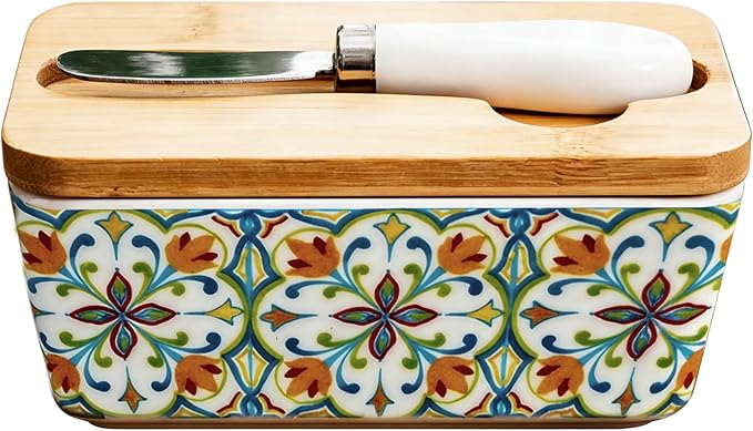 Butter Dish with Lid and Knife – 350ml Ceramic Butter Container with Bamboo Lid, Floral Cottage-Style Pattern, Airtight Butter Keeper for Countertop or Fridge, Farmhouse Kitchen Decor (Print-3)