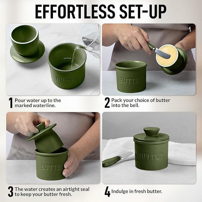 Zulay Kitchen Bell Shaped Butter Crock with Lid for Countertop with Water Line & Spreader Knife, Ceramic French Butter Dish Keeper For Fresh, Soft & Spreadable Butter - Jade