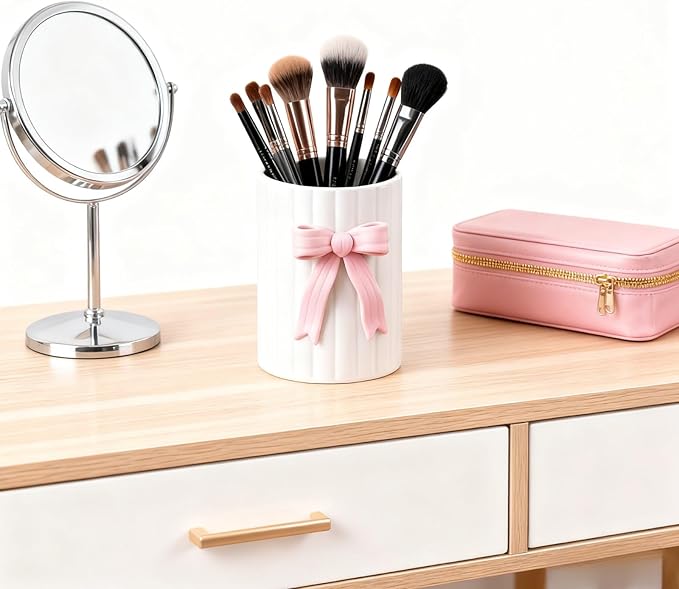 Handmade Pink Bow Ceramic Utensil Holder, 3D Coquette Cooking Utensil Crock for Kitchen Counter, Preppy Storage Caddy Organizer Vase Decor for Kitchen Countertop