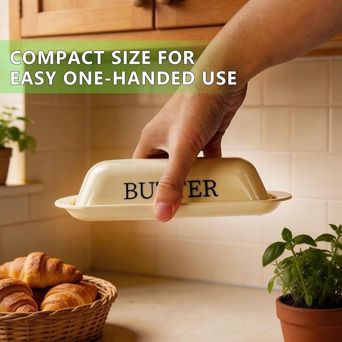 BPA-Free Melamine Butter Dish with Lid & Stainless Steel Knife - Farmhouse Butter Keeper for Countertop & Refrigerator, Dishwasher Safe, Holds 1 Stick with East & West Coast Butter-Cream