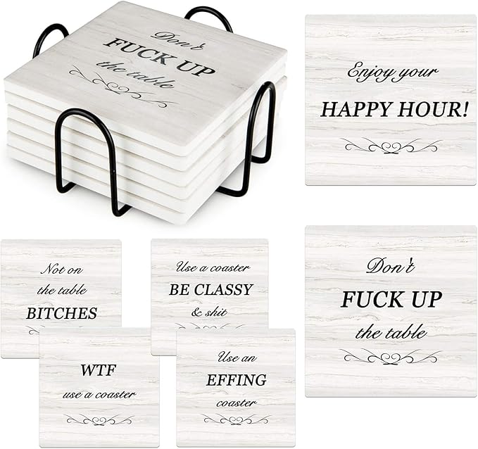 Funny Coasters for Drinks Absorbent with Holder, Coasters Set of 6 for Wooden Table Housewarming Gift New Home Apartment Kitchen House Decor Gift for Women Men