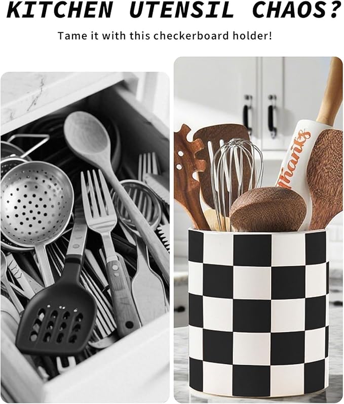 Checkered Utensil Holder, 7.1"+5.8" Inch Ceramic Spatula Holder, Black Cooking Kitchen Utensil Holder for Countertop, Kitchen Decor and Accessories for Counte