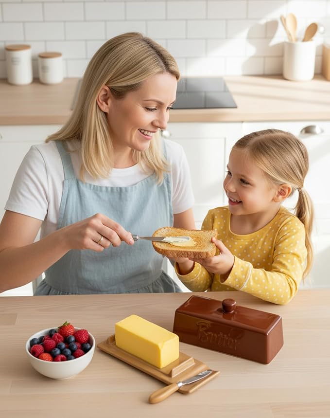 TEATALK Ceramic Butter Dish with Lid and Knife - Large Butter Holder, Farmhouse Style, 8-Inch Porcelain Butter Keeper with Scraper Edge,Brown