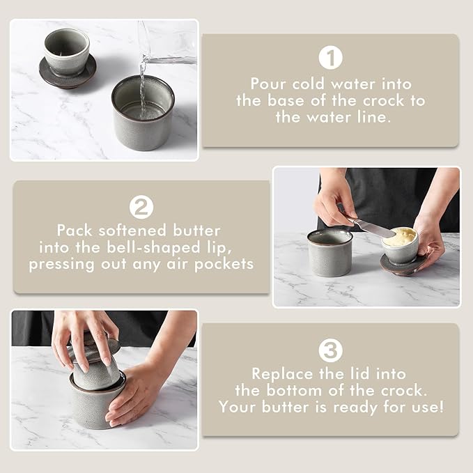 Light Grey French Butter Dish,Handmade Reactive Glaze Ceramic Butter Crock with Water Line for Speradable Fresh Butter