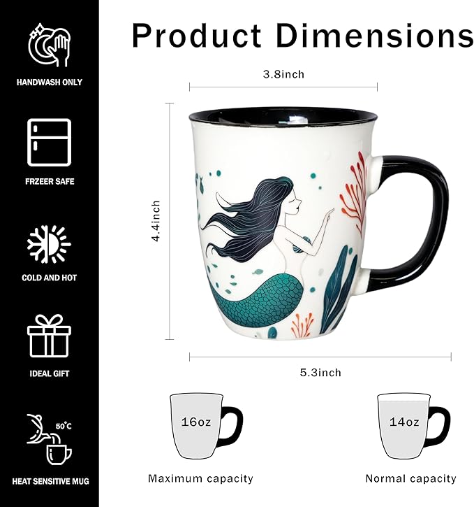 Color Changing Mermaid Coffee Mug 16oz - Ceramic Coffee Mug, Funny Ceramic Tea Cups for Home or Office, Mermaid Gifts for Mothers Day Christmas