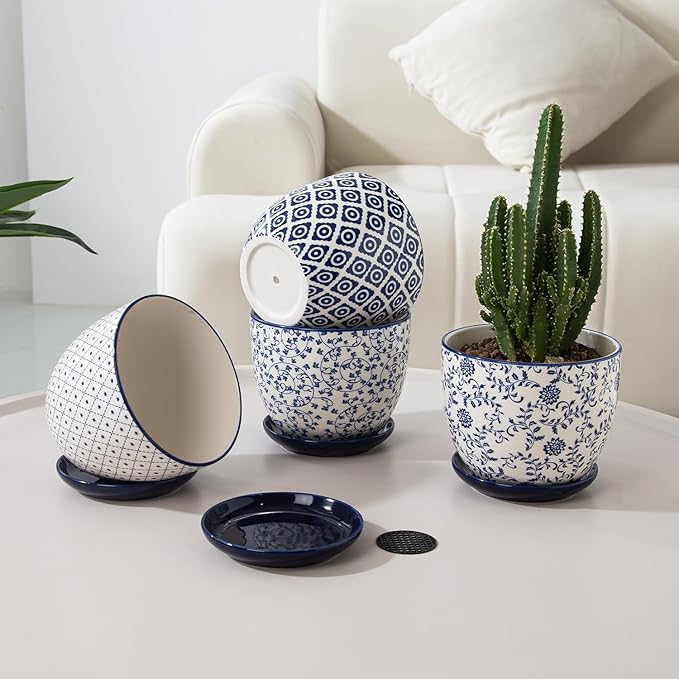 Ceramic Plant Pots - 5.6 Inch Flower Planters with Drainage Holes and Saucers for Indoor Plants Herbs, Succulent, Orchid, Cactus, Outdoor Plants, Home Decor, Set of 4, Vintage Blue