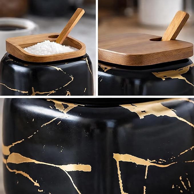 Ceramic Spice Jars Porcelain Condiment Jars Set Marble Ceramic Seasoning Box 3pcs Condiment Pots for salt, sugar, pepper Kitchen Ceramic Seasoning Condiment Jar Set Black