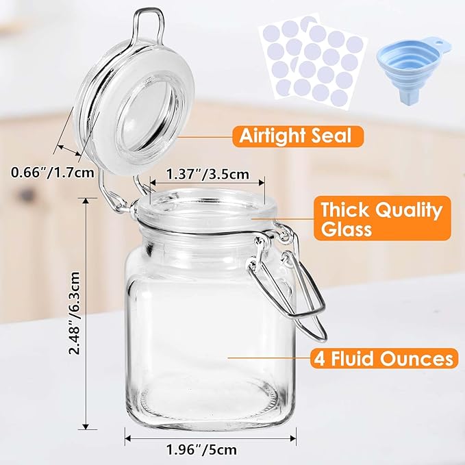 SKOCHE Spice Jars 20 Pack Small 4 oz Glass Jars with Airtight Hinged Lids, Spice Herb Jars with Labels and Silicone Funnels, 4oz Glass Jars with Lids Ideal for Spice Herbs