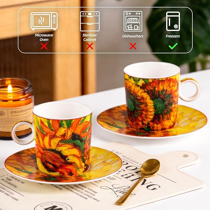 KAMMAK Tea Cups and Saucers Set of 2, Fine Bone China Coffee Cups, Stackable Espresso Mugs, Ceramic Demitasse for Coffee, Cappuccino, Latte, Americano, Tea, Small - Sunflower Oil Painting