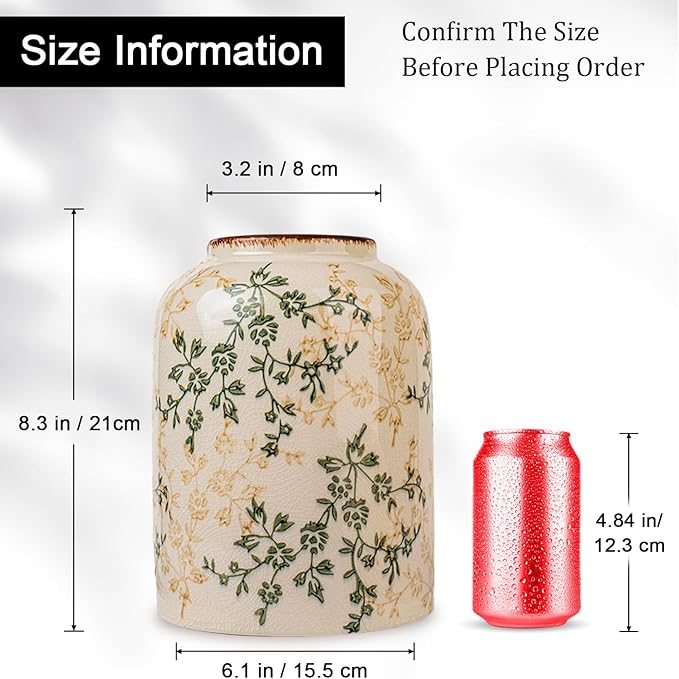 Green Chinoiserie Floral Vase, Ceramic Farmhouse Flower Vase, Creative Ice Cracked Vintage Vases for Home Decors, Cottage, Dining Coffee Table Centerpiece, Bookshelf, Tuscan Decor,8.3 Inch