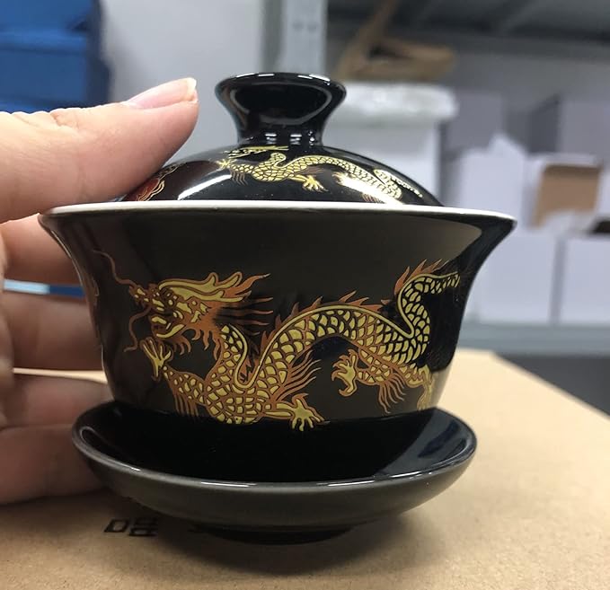 Porcelain Kung Fu Tea Cup and Saucer with Lid, Chinese Traditional Gaiwan Sancai Tea Bowl Tea Set Dragon Pattern (Black)