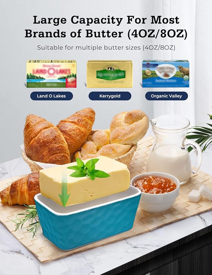 Butter Dish with Lid: Large Butter Dish for Countertop - Ceramic Butter Container with Knife Double Silicone Seal - Unique Stone Butter Dishes with Covers for Farmhouse Kitchen Decor Home Decor Green