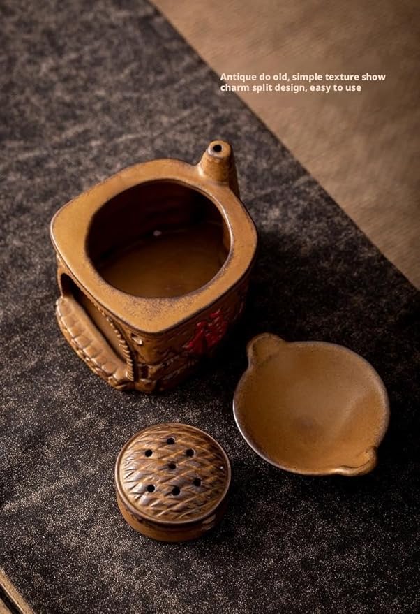 Traditional Chinese Ceramic Incense Burner and Tea Warmer, Brown Stone-Like Finish, 3.94x3.15x3.35 Inches, Multi-Purpose Design with Tea Roasting and Aromatherapy Functions (Stovetop Steamer Style)