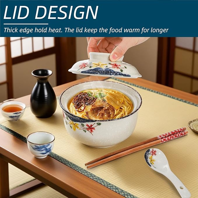 2 Pieces Ceramic Ramen Bowls, 25 Oz Large Soup Bowl with Lid, Spoon, Chopstick, Hand-painted Japanese Tableware for Noodles, Salad, Rice, Microwave Dishwasher safe