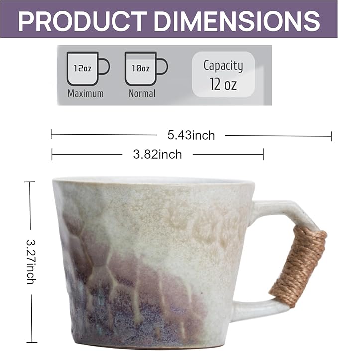 Unique Retro Vintage Japanese Style Primitive Handmade Ceramic Coffee Mug set of 2, Lead-Free Glaze Couple Mugs, Comfortable handle Pottery matching cups for anniversaries and Valentine's Day