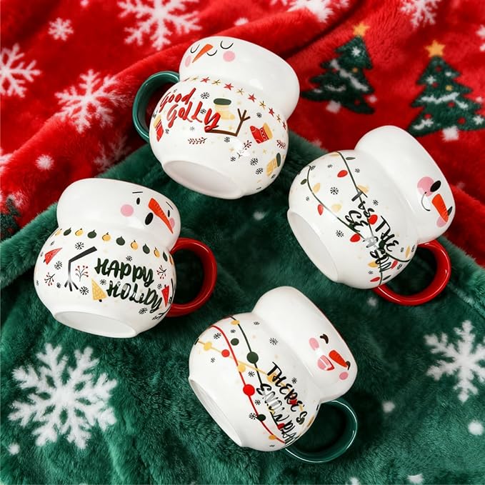 4 Pack Christmas Mugs Set, 15oz Ceramic Snowman Coffee Cup, Stackable Holiday Xmas Tea Mug for Hot Cocoa Cold Water Milk, Housewarming Gift Home Decor, Dishwasher Microwave Safe(4 Styles)