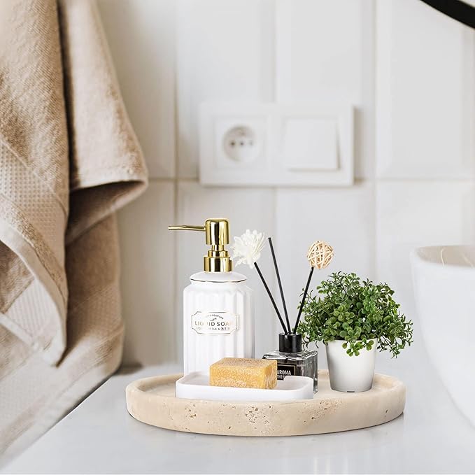 Travertine Tray, Small Ceramic Vanity Tray for Bathroom Counter Decor, Round Marble Decorative Trays for Coffee Table (Beige, Medium Size)