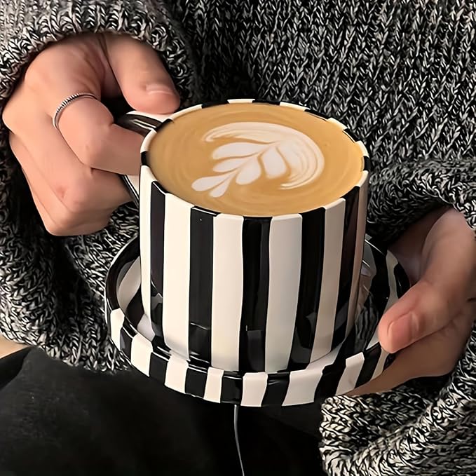 Tea Cup and Saucer, Ceramic 8 oz coffee mug, Dishwasher Safe and Microwave Safe, Black and White