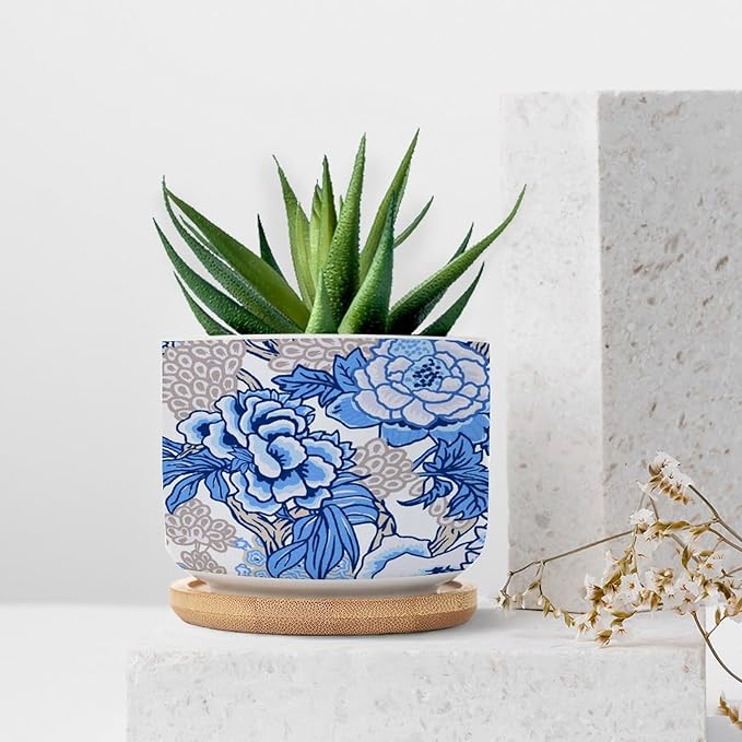 DreamAutumn Blue and White Chinoiserie Floral Planter Ceramic Round Plant Pots with Drainage Holes and Bamboo Tray Planting Small Flower Pots for Home Windowsill Desk Garden Indoor Outdoor Use