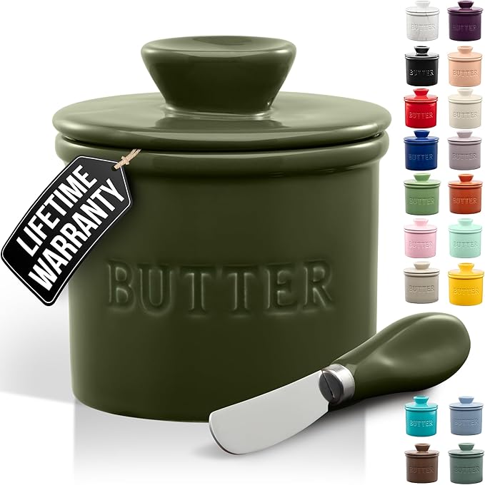 Zulay Kitchen Bell Shaped Butter Crock with Lid for Countertop with Water Line & Spreader Knife, Ceramic French Butter Dish Keeper For Fresh, Soft & Spreadable Butter - Jade
