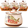 Kitchen Ceramic Condiment Jars with Lids and Spoons, 3 Piece Porcelain Seasoning Jar Set for Salt Spice Pepper Suger Bowl, Coffee Tea Container Pot with Serving Tray - Japanese Koinobori