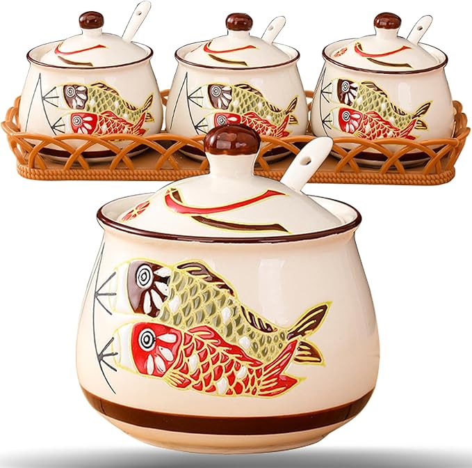 Kitchen Ceramic Condiment Jars with Lids and Spoons, 3 Piece Porcelain Seasoning Jar Set for Salt Spice Pepper Suger Bowl, Coffee Tea Container Pot with Serving Tray - Japanese Koinobori