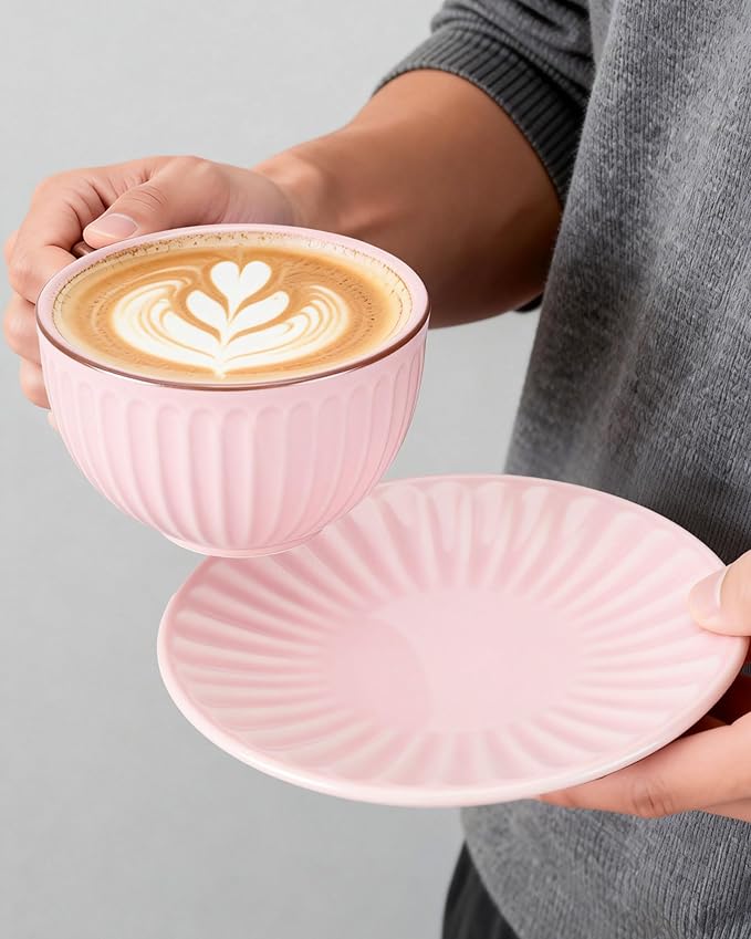 Ceramic Coffee Cup and Saucer Set,11 oz Latte Cappuccino Cup with Saucer,Pink Porcelain Tea Cup Set for Espresso,Coffee or Tea Cup for Home Kitchen,Coffee Bar,Brunch,Microwave & Dishwasher Safe(Pink)