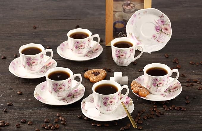 GuangYang 2.5 oz Porcelain Espresso Cups and Saucers Set – Floral Design, Purple Pattern – Gift-Ready, Elegant Mini Coffee Set of 6 for Home or Gifting
