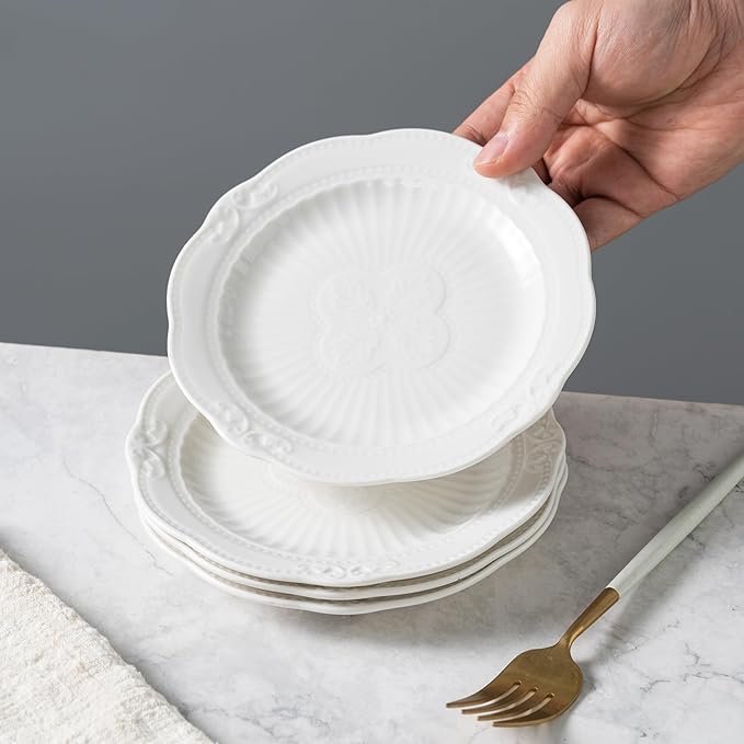 White Small Dessert Plates Set of 4,Ceramic Dinner Dishes 6 Inch for Appetizer, Fruits, Cake, Salad,Microwave Safe,Christmas Gift