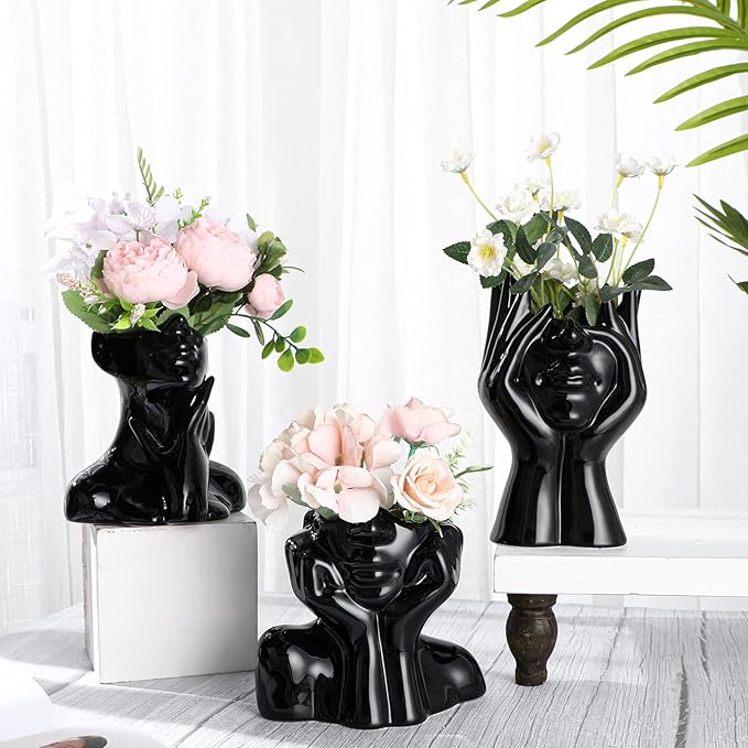 Sieral 3 Pcs Ceramic Face Vase Female Form Flower Modern Body Vase for Decor with Head Half Body Bust Centerpiece for Table Shelf Home Bedroom Room Office(Small,Black)