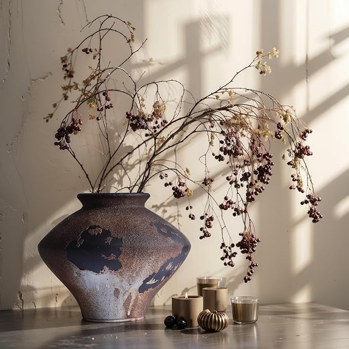 Wabi Sabi Ceramic Vase 6.7", Rustic Textured Pottery Vase, Organic Brown Black Farmhouse Vase with Wide Mouth, Watertight Flower Vase for Pampas Grass, Coffee Table & Shelf Decor
