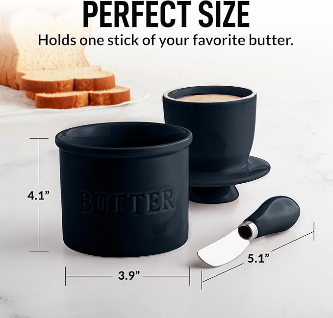 Zulay Kitchen Bell Shaped Butter Crock with Lid for Countertop with Water Line & Spreader Knife, Ceramic French Butter Dish Keeper For Fresh, Soft & Spreadable Butter - Midnight Blue
