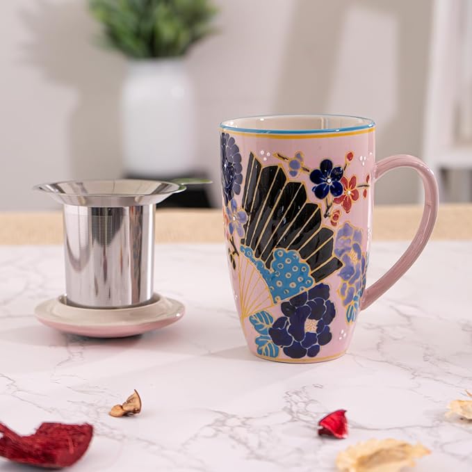 Urban Tokyo Tea Mug With Lid and Stainless Steel Infuser For Loose Leaf Tea Bag Tea Cup 15oz Porcelain Hot Beverage Everyday Use Home Office (Fan Festival)