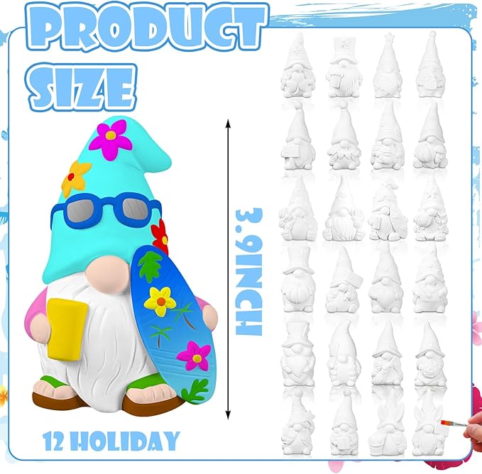 Sinmoe 24 Pcs Holiday Seasonal Paint Your Own Ceramics Gnomes Valentines Decor Paintable Figurines Ceramics to Draw for Adults Paintable Blank Gnomes Statues Plaster Figurines with Brush Palette Paint