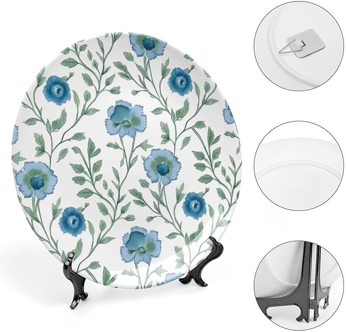 Blue Mughal Flower Decorative Plate, Customize Dinner Plates for Wedding Kitchen Housewarming Gifts Decor, 1 Plate with 1 Display Stand Art Decorations for Home Office