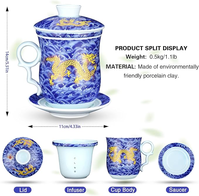 Tea Cup with Infuser Lid and Saucer Sets - Jingdezhen Ceramics Mug Chinese Porcelain Teacup Loose Leaf Tea Brewing System for Home Office Personal Portable Mug TC400 - Blue, 13.5oz / 400ml