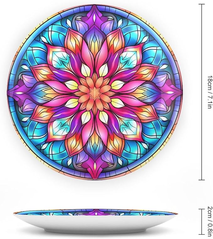 Decorative Plates, Moroccan Floral Stained Glass Design Ceramic Dinner Plate Home Wobble-Plate with Display Stand, Wall Hanging Decor for Kitchen Household 7 Inch, Gifts for Family Friends