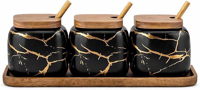 Ceramic Spice Jars Porcelain Condiment Jars Set Marble Ceramic Seasoning Box 3pcs Condiment Pots for salt, sugar, pepper Kitchen Ceramic Seasoning Condiment Jar Set Black