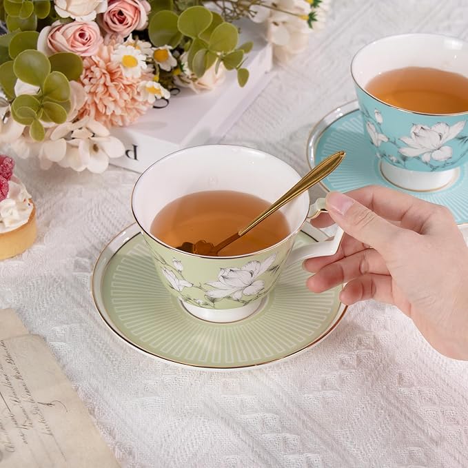 KAMMAK Ceramic Coffee Cups Saucers Set of 2, Porcelain Espresso Cups with Saucers, 8.12 oz Handcrafted Elegant Bone China Tea Cups, Blue & Sage Green Flower Teacup for Party, Office, Women Gift