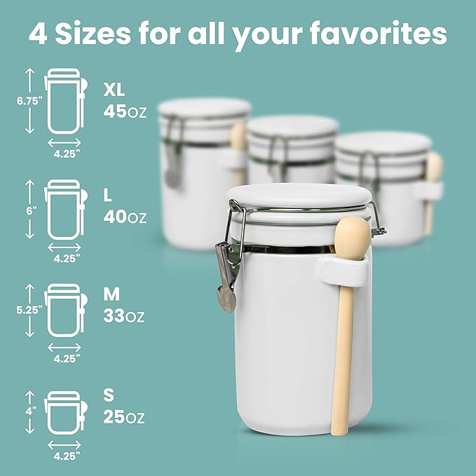 Home Intuition 4-Piece Ceramic Kitchen Canisters Set, Airtight Containers with Wooden Spoons Reusable Chalk Labels and Marker for Sugar, Coffee, Flour, Tea (White)