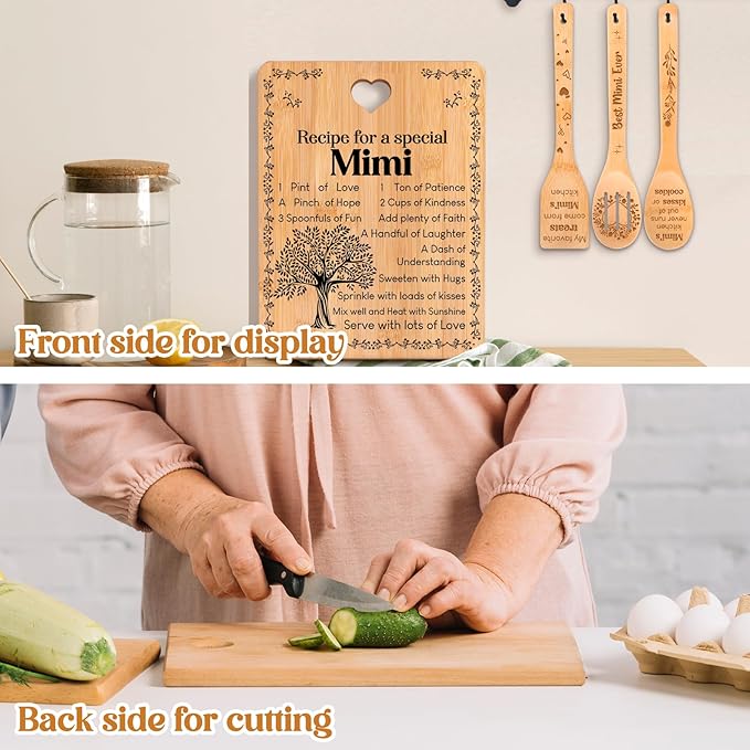 Mimi Gifts - "Recipe for a Special Mimi" Gift for Mimi Cutting Board Set, Bamboo-Made Engraved Utensil Set Best Mimi Ever Presents Cutting Board, Mimi Present for Grandma.