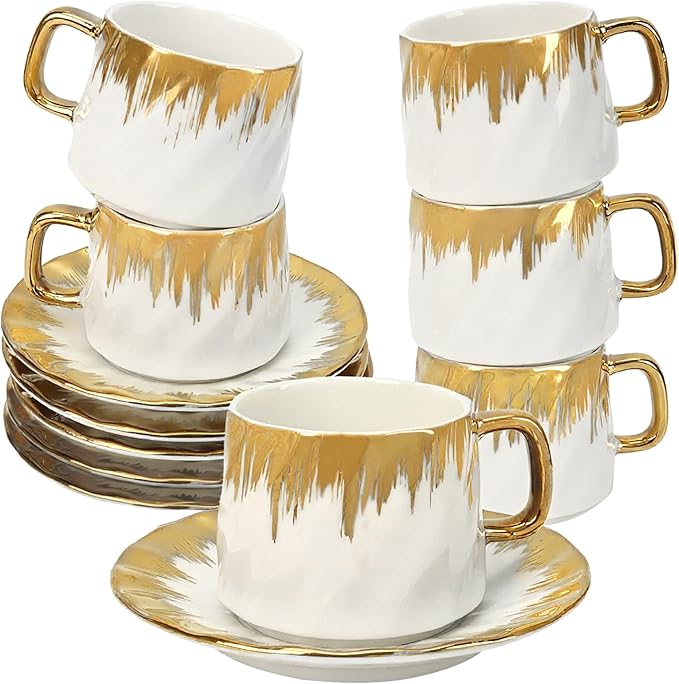 Coffee Cup Set of 6 with Saucers, 3.5 OZ Ceramic Espresso Cups Set, Gold Trim Turkish Coffee Cup Gift for Cappuccino, Latte, Cafe Mocha and Tea, Dishwasher & Microwave Safe(Gold Twill)