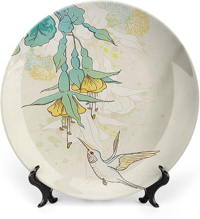 XISUNYA 6 Inch Decorative Plate, Hummingbird Ceramic Plate, Hummingbird and Tropical Flowers Summertime Print Ceramic Wall Hanging Decor Accessory for Dining Table Tabletop Home Decor